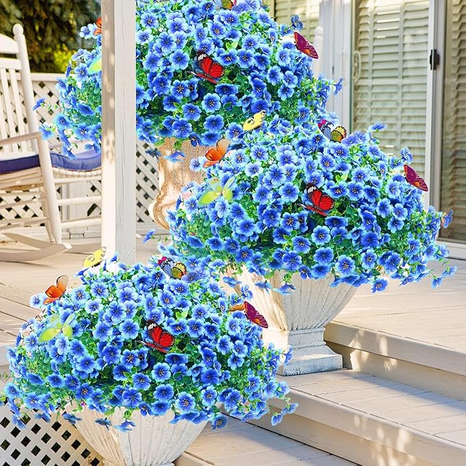 20 Bundles Artificial Flowers for Outdoors‌ with 6 Faux Butterflies, UV Resistant Fake Flowers‌ with Eucalyptus Leaves, Artificial Plants Outdoor‌ for Patio Garden Porch Home Decor (Blue)