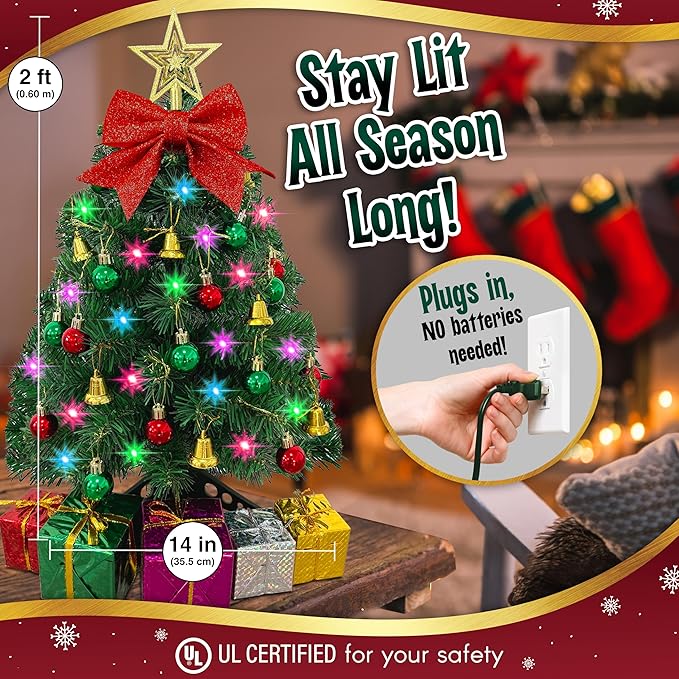 Small Christmas Tree with Lights - 23 Inch Mini Tabletop Christmas Tree with Multi-Color LED Lights, Hanging Ornaments, Decorative Bow and Gift Boxes - Prelit Table Tree for DIY Christmas Decoration