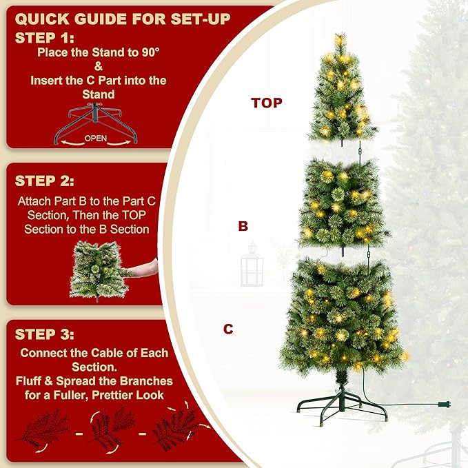 6ft Pencil Christmas Tree with Lights – Pre-Lit Slim Christmas Tree with 250 Warm White LEDs, 299 Tips Brockton Cashmere Pine, Hinged Branches, Slim Tree for Small Spaces