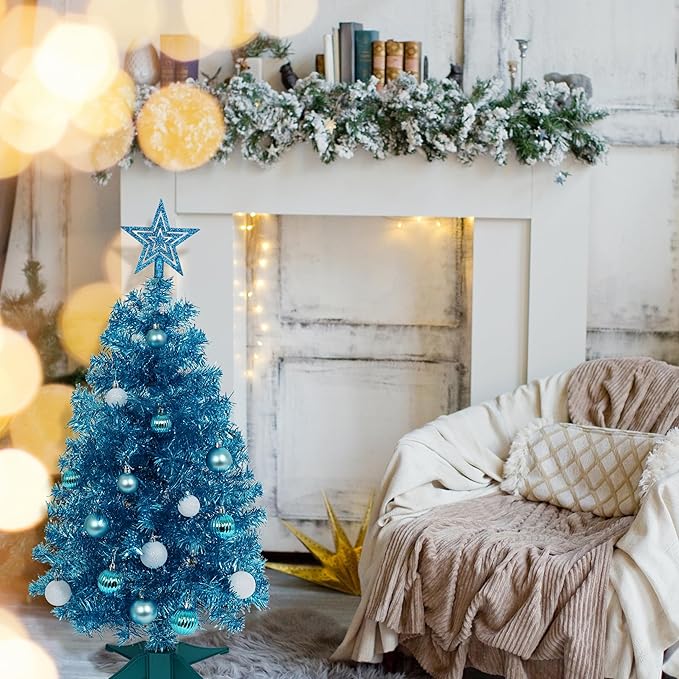 Sunshine Blue Christmas Tree with Light 3ft Artifical Full Christmas Tree with Ball & Star Ornaments 8 Lighting Modes for Holiday Decor