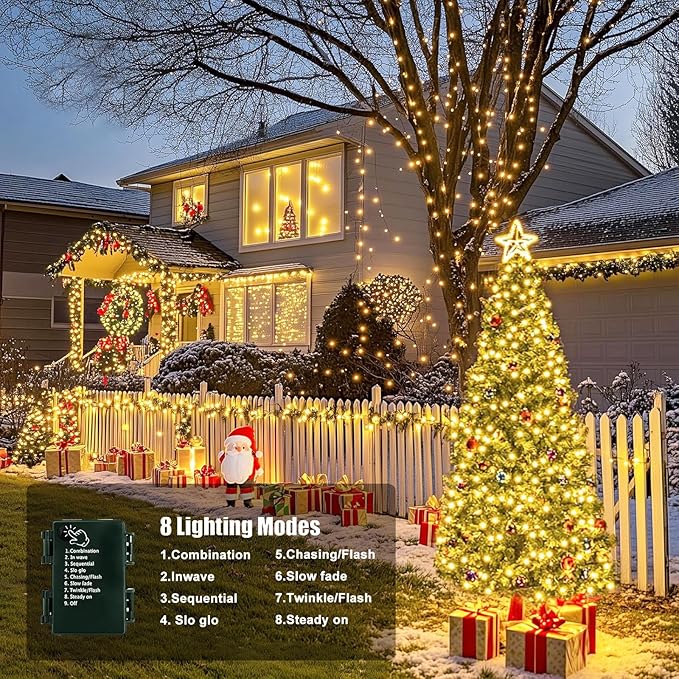 Upgraded 4Pack 160FT 400 LED Battery Operated Christmas String Lights Outdoor/Indoor, Timer & 8 Modes with Green Wire Christmas Tree Lights, Waterproof Fairy Lights for Xmas Tree Garden(Warm White)