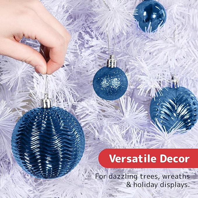 PREXTEX 36 Piece Blue Christmas Ornaments Set with Hanging Loops - Durable, Shatterproof Christmas Balls in 3 Sizes and 6 Styles - Midnight Blue Xmas Decorations for Trees, Wreaths, and Holiday Decor