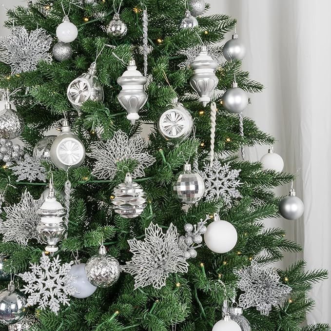 XmasExp 99-Pack Christmas Ball Ornaments Assorted Shatterproof Christmas Tree Decorations with Hand-held Gift Package for Xmas Tree,Home,Party(Silver-White)