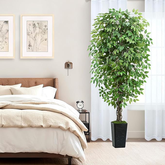 Artificial Ficus Tree 6FT Faux Plants Indoor Tall Fake Plants with Black Square Planter, Green Lifelike Lush Fake Ficus Tree for Home Living Room Bedroom Outdoor Balcony House Office Decor