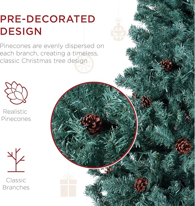Best Choice Products 7.5ft Pre-Decorated Holiday Christmas Tree for Home, Office, Party Decoration w/1,348 Tips, Pinecones, Metal Base – Blue Spruce