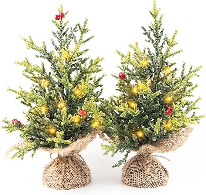 Set of 2 Mini Christmas Tree, 12 in Pre-lit Tabletop Xmas Decorations with 8 Warm LED Lights, Battery Operated with Timer, Burlap Base Artificial Pine Tree for Indoor Desk Office Dorm
