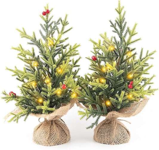 Set of 2 Mini Christmas Tree, 12 in Pre-lit Tabletop Xmas Decorations with 8 Warm LED Lights, Battery Operated with Timer, Burlap Base Artificial Pine Tree for Indoor Desk Office Dorm