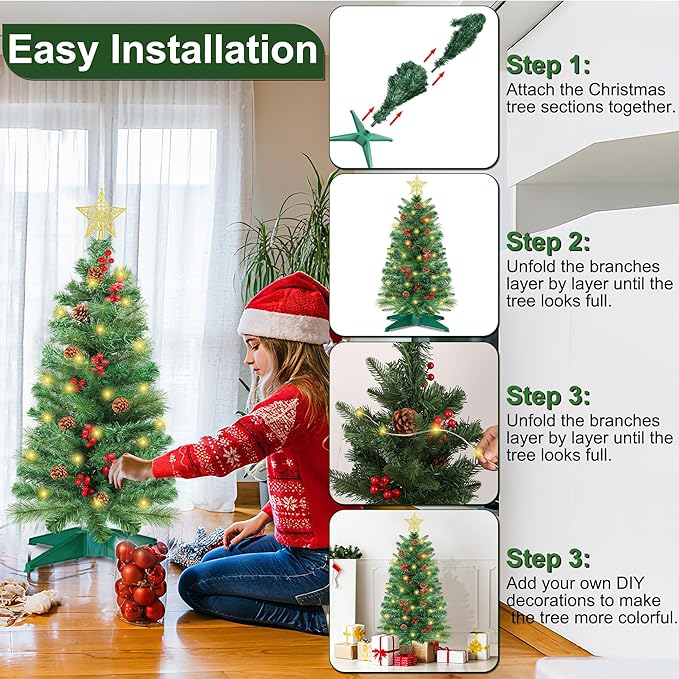 3 Ft Artificial Christmas Tree with Pine Needle Acorn Red Berries 8 Modes Timer 50 Warm White Lights Battery Operated Small Xmas Full Tree for Home Indoor Office Tabletop Holiday Decorations