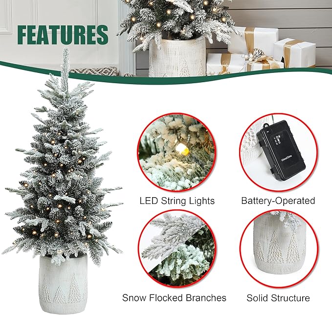 LuxenHome 4FT Small Potted Christmas Tree, Battery Operated Flocked Christmas Tree with 70 LED Lights, Prelit Artificial Xmas Trees with Pot, Lighted Pine Tree for Indoor, Outdoor Holiday Display