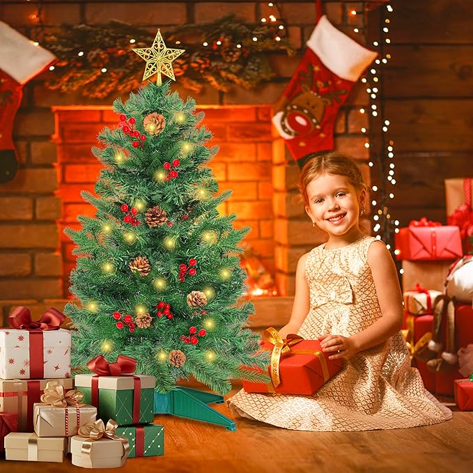 3 Ft Green Christmas Tree with Lights, Timer 8 Modes DIY 50 Warm White Lights Battery Operated Small Artifical Full Xmas Tree Pine Needles Cones Red Berry for Tabletop Home Indoor Holiday Party Decor