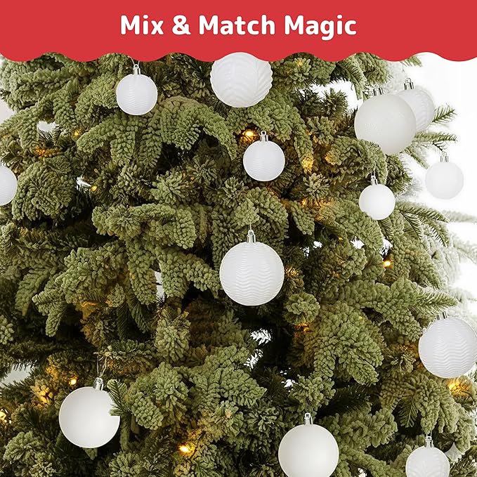 Prextex 36 Piece White Christmas Ornaments and Balls - White Ornament Set with 3 Sizes and 6 Styles - Shatterproof Christmas Ornaments for Tree, Wreath, and Holiday Decor for Indoor or Outdoor Display