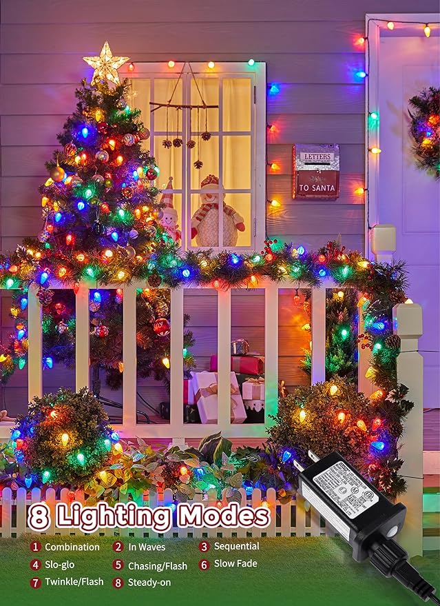 C9 LED Christmas Lights Outdoor, 81 Feet 100 LED String Lights with Timer & 8 Lighting Mode, Waterproof Commercial Grade Christmas Tree Lights for Outside Indoor Roofline Patio, Multicolor 2 Pack