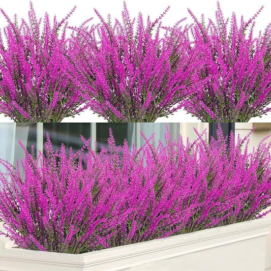Ouddy Decor 12 Bundles Artificial Lavender Fake Flowers Faux Plastic Plants for Home Wedding Kitchen Garden Patio Window Box Office Table Centerpieces Indoor Outdoor Decor, Fuchsia
