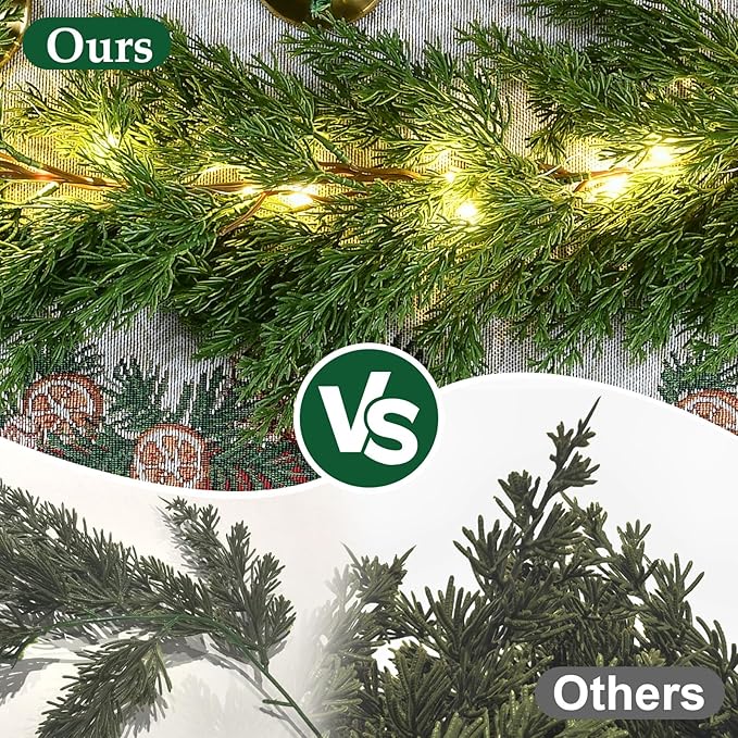 3PCS 6.2FT Christmas Garland with Lights, Real Touch Cedar Garland Thick and Lush Greenery with Soft Artificial Pine Branches for Mantle Fireplace Table Wall Outdoor Indoor Christmas Decorations