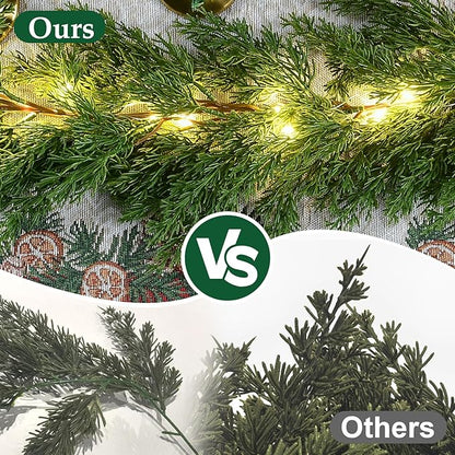 2PCS 6.2FT Christmas Garland with Lights, Real Touch Cedar Garland Thick and Lush Greenery with Soft Artificial Pine Branches for Mantle Fireplace Table Wall Outdoor Indoor Christmas Decorations