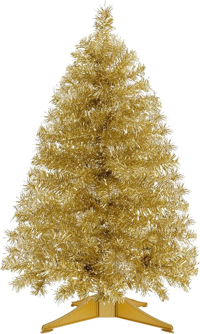 Sunshine Champagne Christmas Tree with Light 3ft Artifical Full Christmas Tree with Ball & Star Ornaments 8 Lighting Modes for Holiday Decor