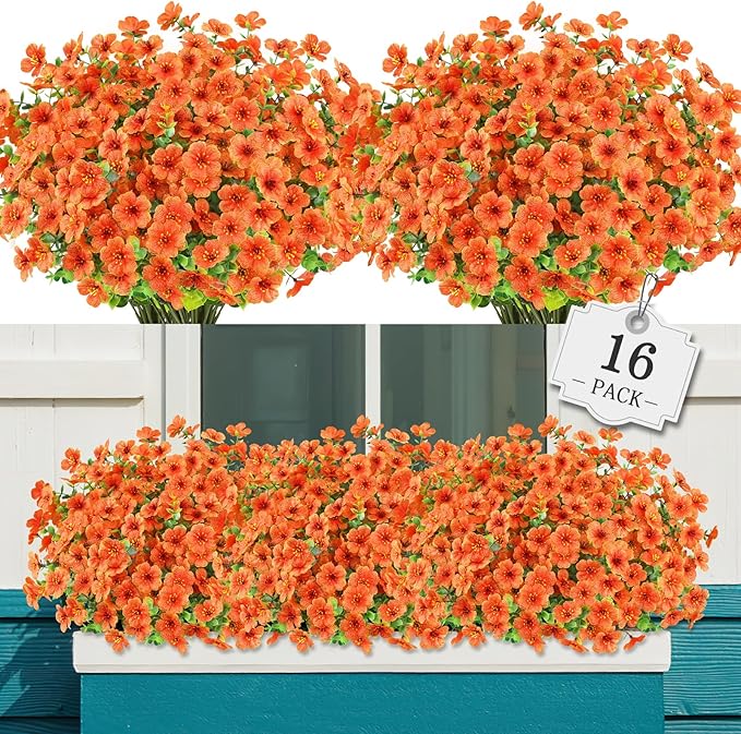 AGIRL 16 Bundles Artificial Fall Flowers Outdoor Indoor Decoration,No Fade Autumn Fake Plastic Plants with Eucalyptus Leaves,Faux Mums for Thanksgiving Garden Front Door Porch Patio Fall Decor