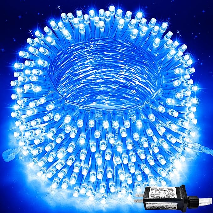 JMEXSUSS 250 LED Blue String Lights Indoor, 91.5ft Connectable Christmas Lights Outdoor Waterproof, 8 Modes Blue Christmas String Light for Party Garden Tree Halloween Decoration