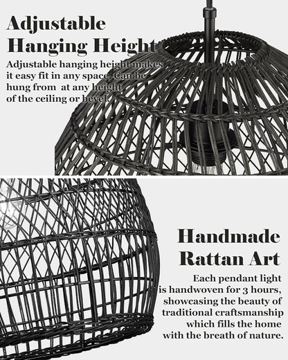 ELYONA 16” Large Rattan Pendant Light, Modern Black Wicker Chandelier, Hand Woven Boho Basket Hanging Light Fixtures for Farmhouse Dining Room Kitchen Island Living Room Bedroom Foyer (40cm*40cm)