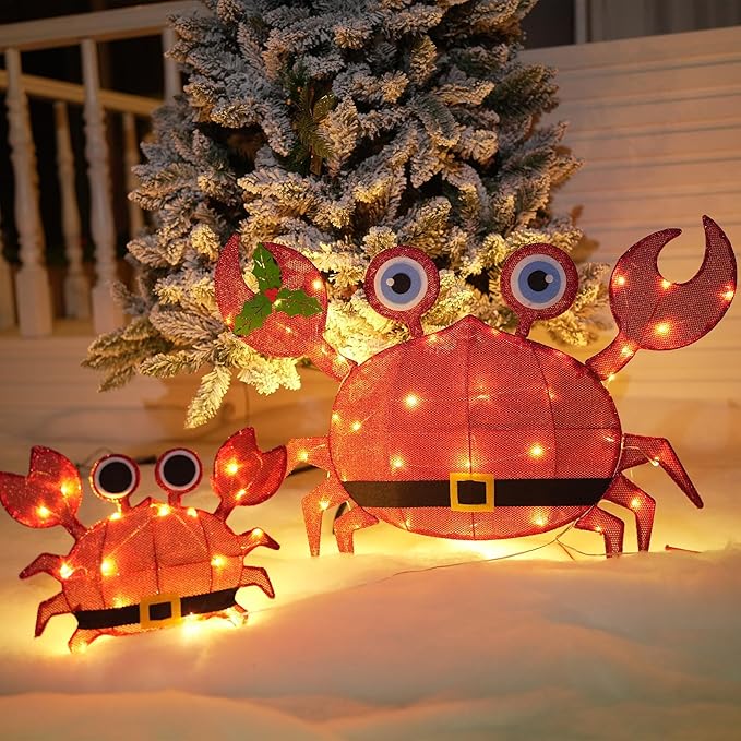 Dazzle Bright Christmas Outdoor Decorations Yard, 2 Piece Battery Operated Lighted Crab 50 LED Lights with 8 Lighting Modes, Light Up 2D Crab for Xmas Holiday Front Garden Patio Lawn Decor