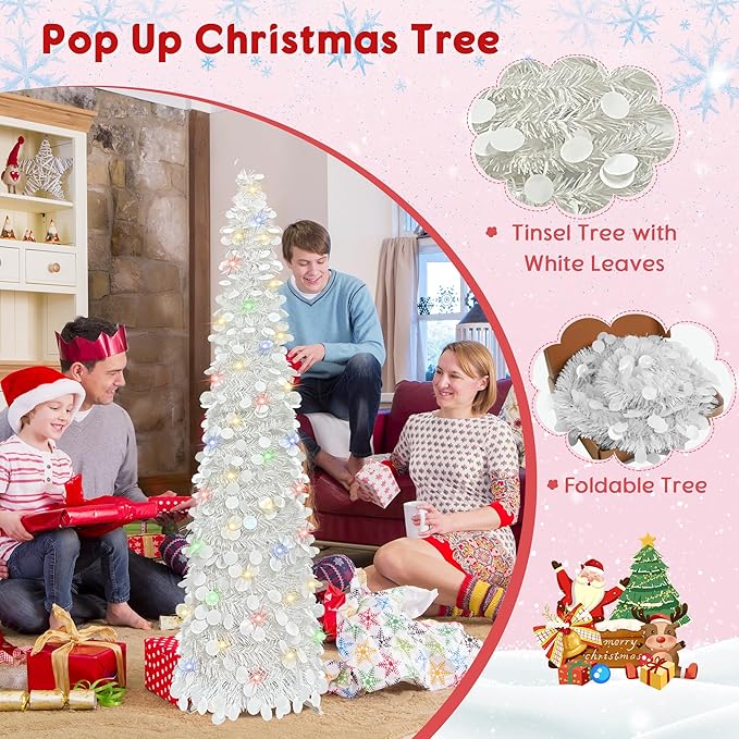 BTU Pop Up Christmas Tree, 5FT Collapsible Artificial Christmas Tree with 90 LED Lights, Tinsel Small Pencil Christmas Tree for Home Holiday Fireplace Party Indoor Outdoor Xmas Decorations (White)