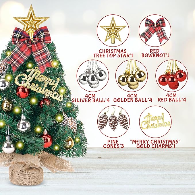 Prelit Mini Christmas Tree Tabletop with LED Lights, 2ft Artificial Xmas Tree with Treetop Star and Hanging Ornaments Small Christmas Trees Decoration for Home Cafe Office Desk, Green