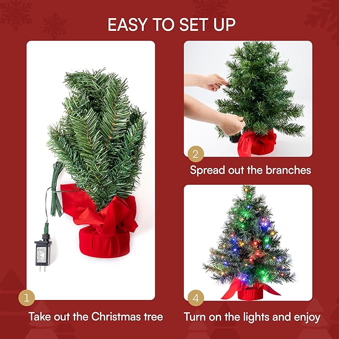 JOIEDOMI 24"/2FT Small Tabletop Christmas Tree with Multi-Color LED Lights, Table Top Christmas Decorations Pre-lit Artificial, Green Mini Lighted Tree for Xmas Decorations Indoor Party Décor