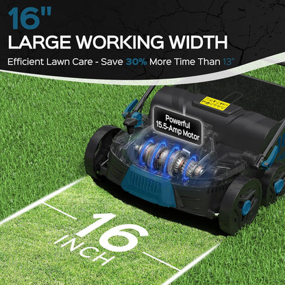 2025 Upgrade 16-Inch 15.5 Amp 2-in-1 Electric Dethatcher and Scarifier with 14.5-Gallon Collection Bag, Lawn Dethatcher with 5-Position Depth Adjustment, Keeps Lawn Healthy - Steel Blue