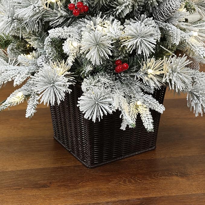 LuxenHome 4.5FT Small Potted Christmas Tree, Prelit Flocked Christmas Tree with 100 LED Lights and Artificial Trees with Red Berries, Lighted Pine Trees for Indoor, Outdoor Holiday Display