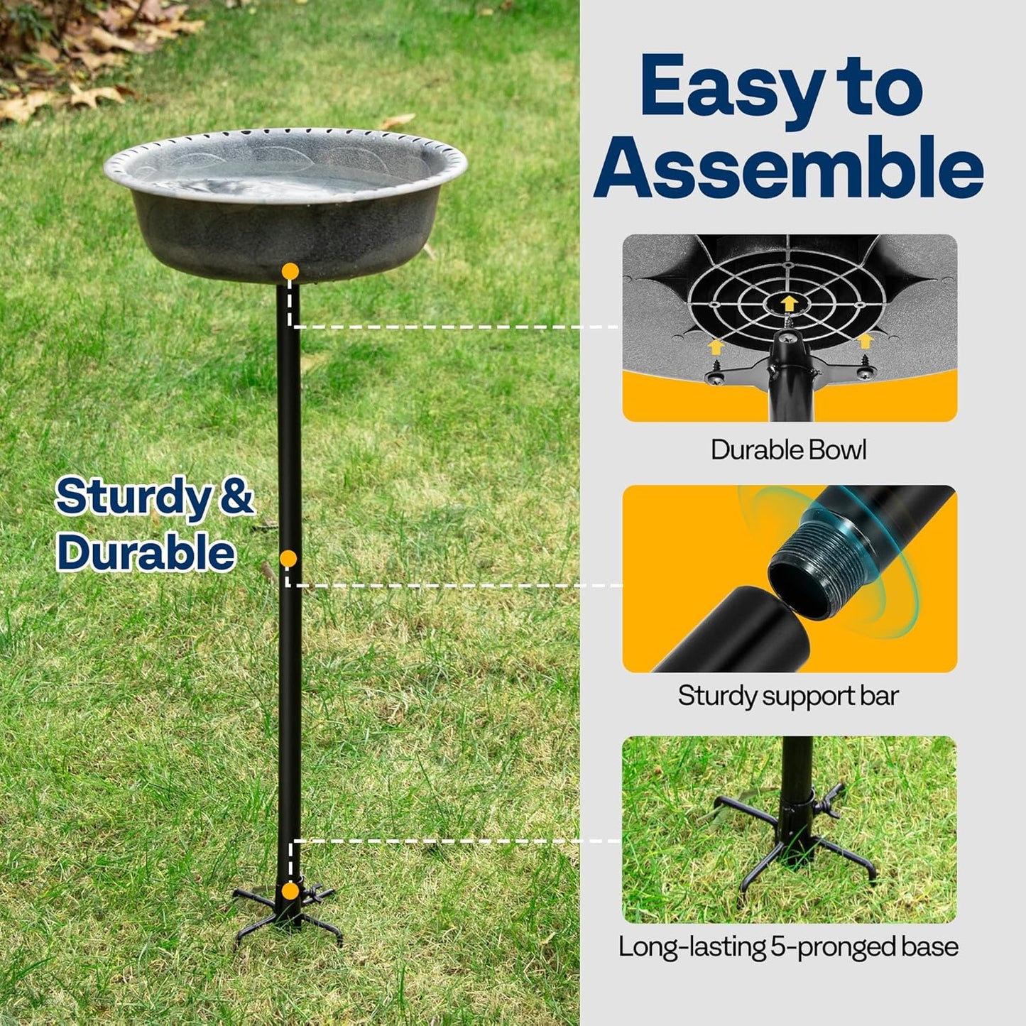 VIVOHOME Polyresin Bird Bath Bowl with Metal Stake, 29 Inch Height Outdoor Freestanding Birdfeeder, Capacity 1.4 Gallons, 5-Pronged Base, Gray