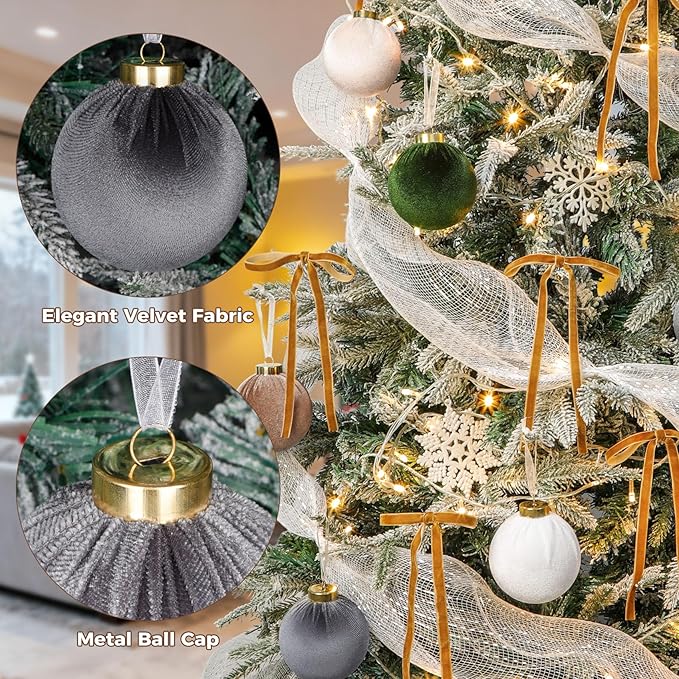 24 Pack Velvet Christmas Tree Ornaments Set, 12 Pcs 3.15 Inch Large Neutral Velvet Christmas Ornaments Hanging Flocked Balls and 12 Pcs Vintage Bows for Xmas Garland Wreath Party Home Decor