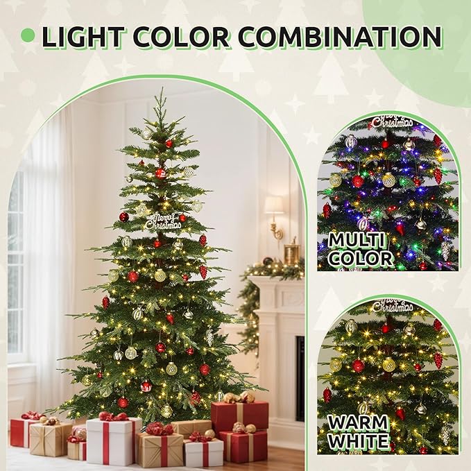 GOOBED Prelit Aspen Fir Realistic Christmas Tree 6.5ft with Remote Control, Pre-lit Hinged Xmas Tree with Glittering Diamond Tips, Holiday Decor for Holidays, Parties, Green