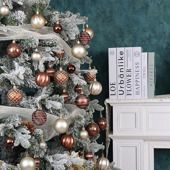 100PCS Brown and Gold Christmas Ornaments Set, Shatterproof Christmas Ball Ornaments Bulk, Assorted Decorations Baubles Hanging Ornaments for Christmas Trees Holiday Party Decor (Brown & Gold)