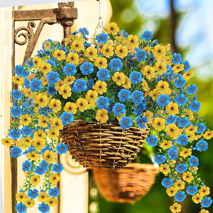 Artificial Flowers for Outdoors 6PCS，All Weather Fade Proof, UV Resistant Waterproof Realistic Faux Silk Mums Daisies Blue & Yellow for Hanging Planters Porch Patio Balcony Deck Fence Garden Decor