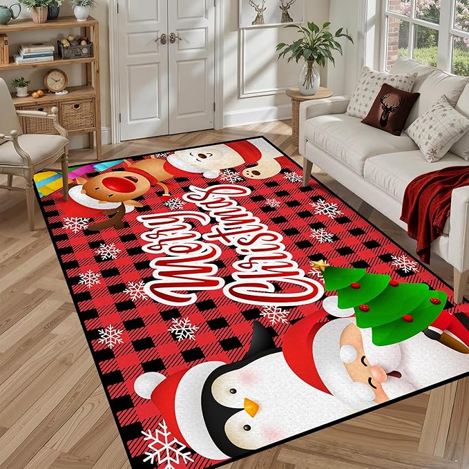 5' X 7' Christmas Area Rugs,Xmas Tree Snowflake Non-Slip Washable Rug Indoor Rugs Floor Mats Carpet for Living Room Bedroom Dining Room Home Decor