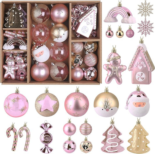 Alupssuc 65pcs Christmas Balls Ornaments Set, Shatterproof Plastic Baubles Gingerbread House, and Tree Topper for Xmas Tree Holiday Wedding Party Decorations with Hanging Strings, Gold & Pink