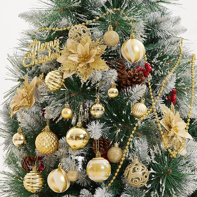 100PCS Christmas Ball Ornaments, Assorted Shatterproof Christmas Tree Decorations, Seasonal Decorative Hanging Baubles Decor Set for Xmas/Holiday/Party, Glitter&Painting Ornament Set (Gold)