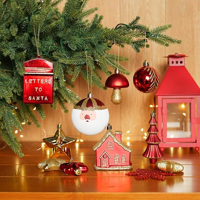 SHareconn 80ct Christmas Balls Ornaments Set, Shatterproof Plastic Colorful Xmas Decorative, Baubles for Tree Decorations with Hanging Strings, Red & Gold