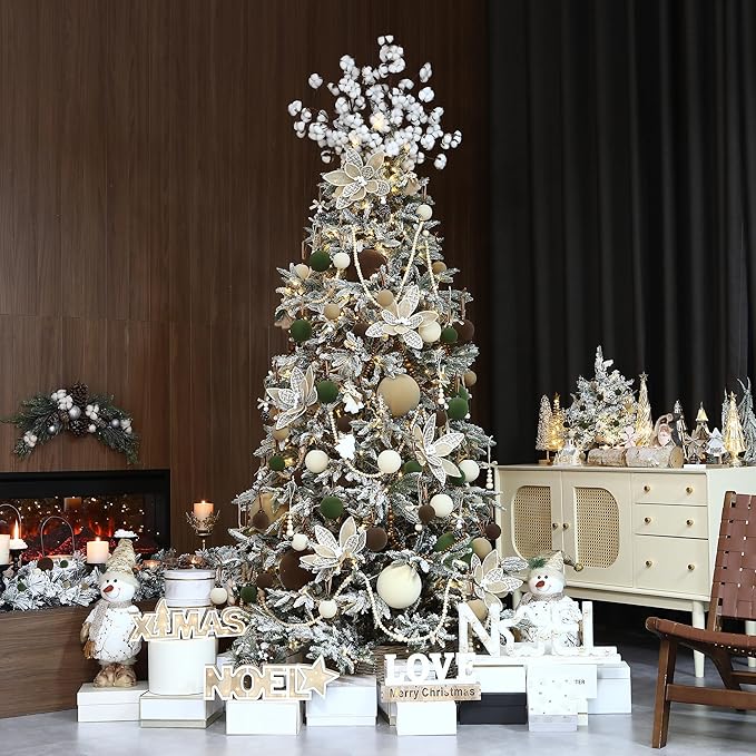 Sea Team 4-Pack Large Flocked Velvet Christmas Tree Ball Ornaments Set, Hanging Velour Baubles, Shatterproof Plastic Decorations for Xmas Tree, Wreath, Garland, 150mm/5.91 Inches, Beige