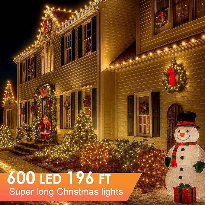 Christmas Lights 600 LED 196FT, IP67 Waterproof Christmas Tree Lights with 8 Modes, Outdoor String Lights with Timers & Memory Function, Xmas Light for Holiday Decor (Warm White)
