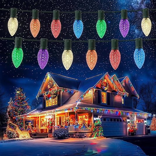 50Ft C9 Multicolor Christmas Lights Outdoor - 50 Colored LED Bulbs, Vintage String for Holiday, Xmas, Roofline, Wedding, Tree Decoration - Green Wire