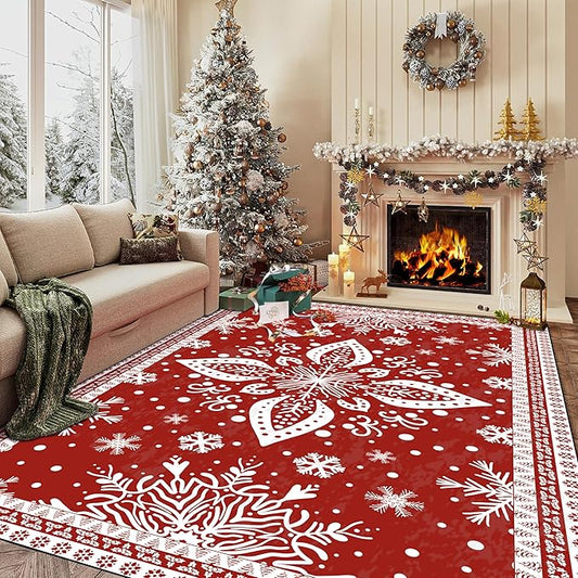 6' X 9' Christmas Rug Red Snowflake Area Rugs Washable for Kids Girls Women Floral Snowflake Carpet for Living Room Bedroom Nursery Dining Room Classroom Indoor Floor Mat