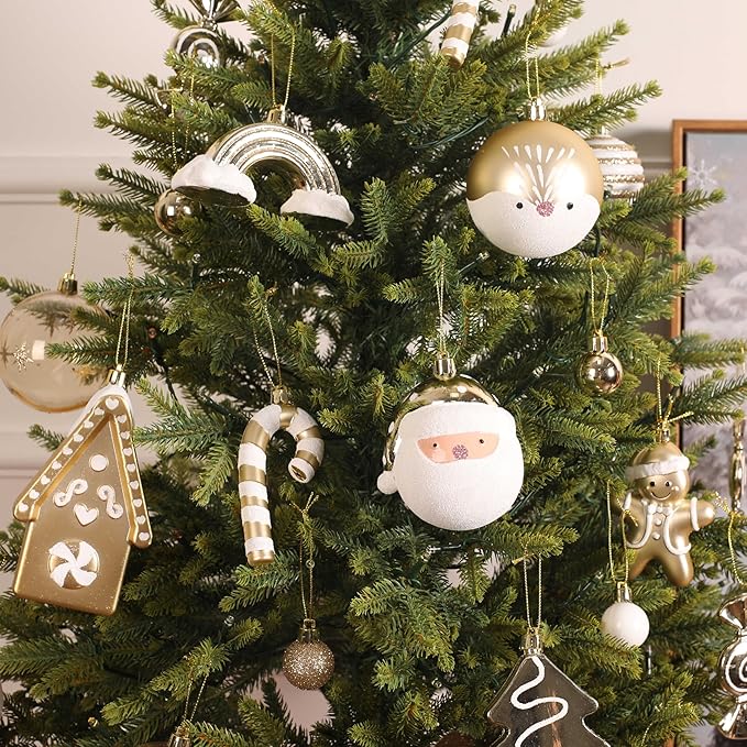 Alupssuc 65pcs Christmas Balls Ornaments Set, Shatterproof Plastic Baubles Gingerbread House, and Tree Topper for Xmas Tree Holiday Wedding Party Decorations with Hanging Strings, Gold & White