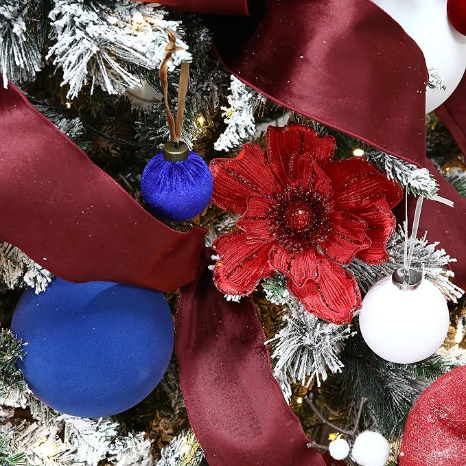Sea Team 4-Pack Large Flocked Velvet Christmas Tree Ball Ornaments Set, Hanging Velour Baubles, Shatterproof Plastic Decorations for Xmas Tree, Wreath, Garland, 150mm/5.91 Inches, Royal Blue