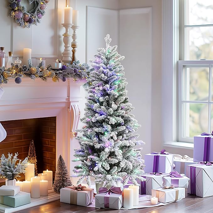 LuxenHome 5FT Small Potted Christmas Tree, 10 Flash Modes Flocked Christmas Tree with Pot, Artificial Xmas Trees with 150 Multi-Color LED Lights, Lighted Pine Trees for Indoor, Outdoor Holiday Display