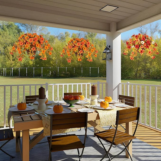 Artificial Fake Fall Flowers with Hanging Basket for Outdoor Decoration, Silk Faux Flowers UV Resistant Fake Plants for Home Porch Patio Garden Window Box Autumn Decor Look Real (Orange)