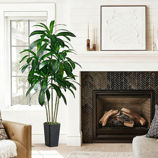 Artificial Dracaena Tree-6FT Tall Fake Plants with Black Tall Square Planter-Artificial Plants Indoor Floor Plant in Pot-Large Tropical Fake Yucca Potted Tree for Home Office Living Room Decor
