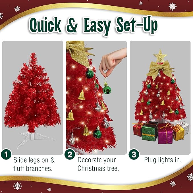 Small Red Christmas Tree with Lights - 23 Inch Mini Tabletop Christmas Tree with Warm-White LED Lights, Hanging Ornaments, Decorative Bow and Gift Boxes - Table Tree for DIY Christmas Decoration