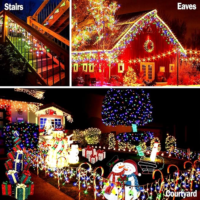 KNONEW Christmas Lights Outdoor Decorations 400 LED 33ft 8 Modes Curtain Fairy String Light with 75 Drops, Clear Wire LED String Light for Wedding Party Holiday Christmas Decorations Multicolor