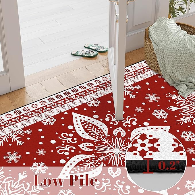 4' X 6' Christmas Rug Snowflake Area Rugs for Bedroom Living Room Laundry Nursery Dorm Entryway Aesthetic Xmas Carpet for Girls Kids Women Door Mat Pad,Red and White